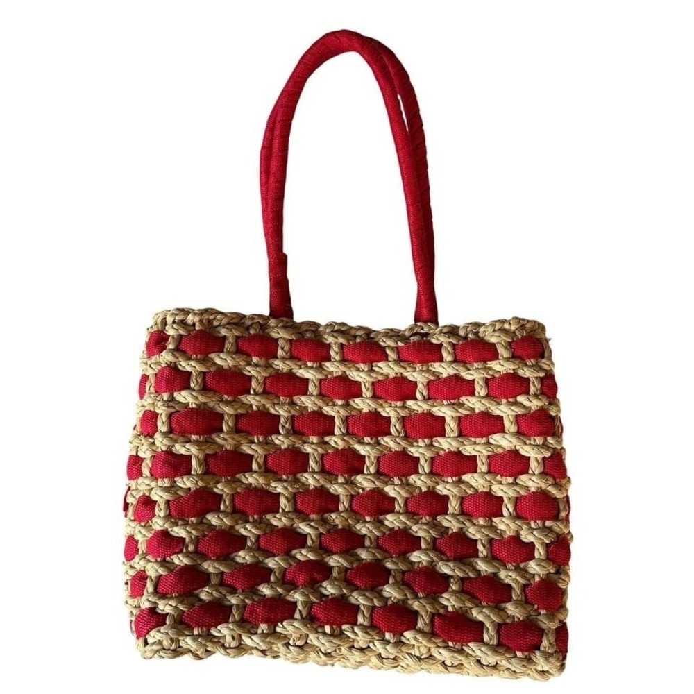 Woven Straw Tote Bag Red Coastal Beach Resort Summer Boho Market Purse‎